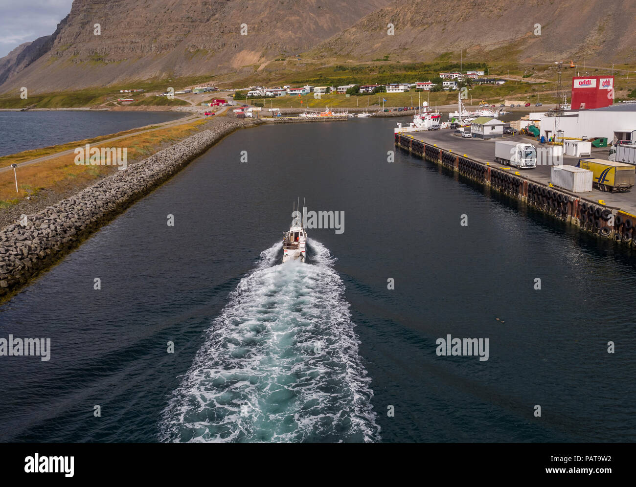 Fishing Boat, Harbor, Patreksfjordur, West Fjords. This image is shot using a drone. Stock Photo
