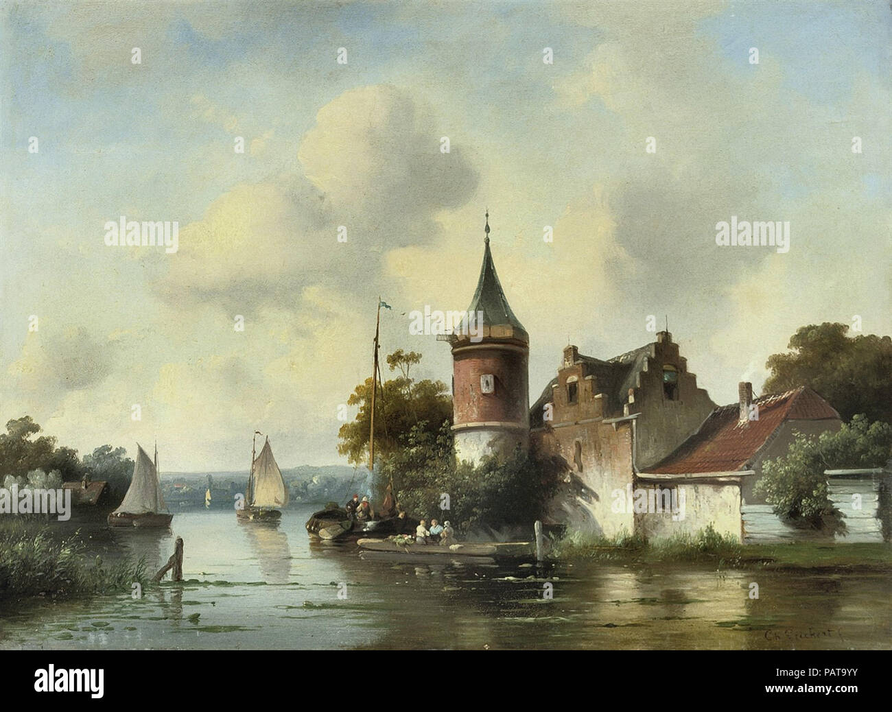 Leickert  Charles Henri Joseph - a Dutch River with a Watchtower Stock Photo