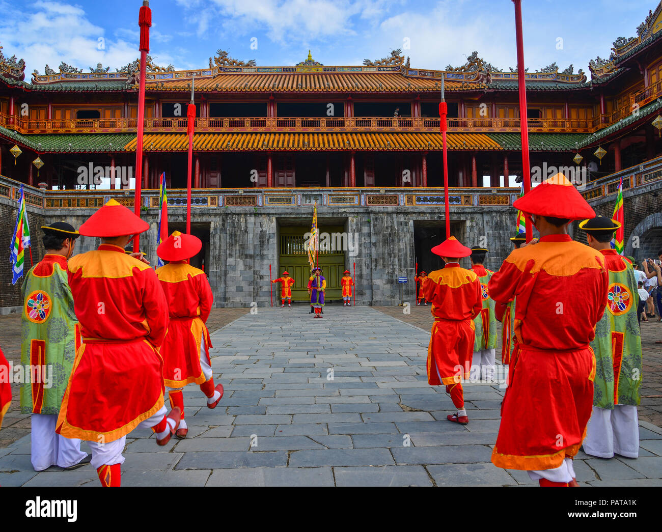 Hue, Vietnam - Jul 21, 2018. The royal guards parade marching to the Hue Imperial City (The Citadel) for change of guards cermony. Stock Photo