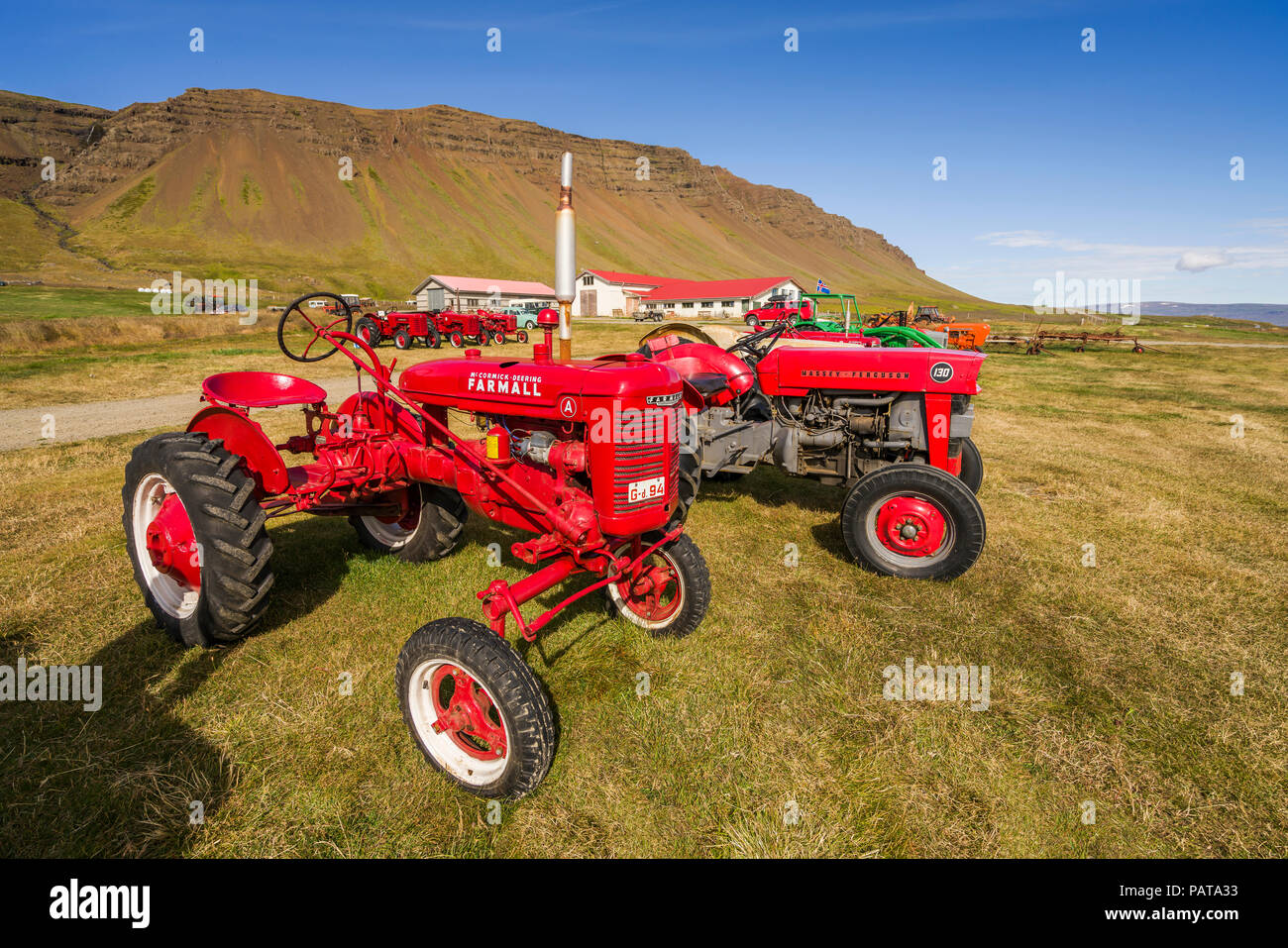 Reykholar, Western Iceland Farm tractors, Reykholar, Western Iceland Stock Photo