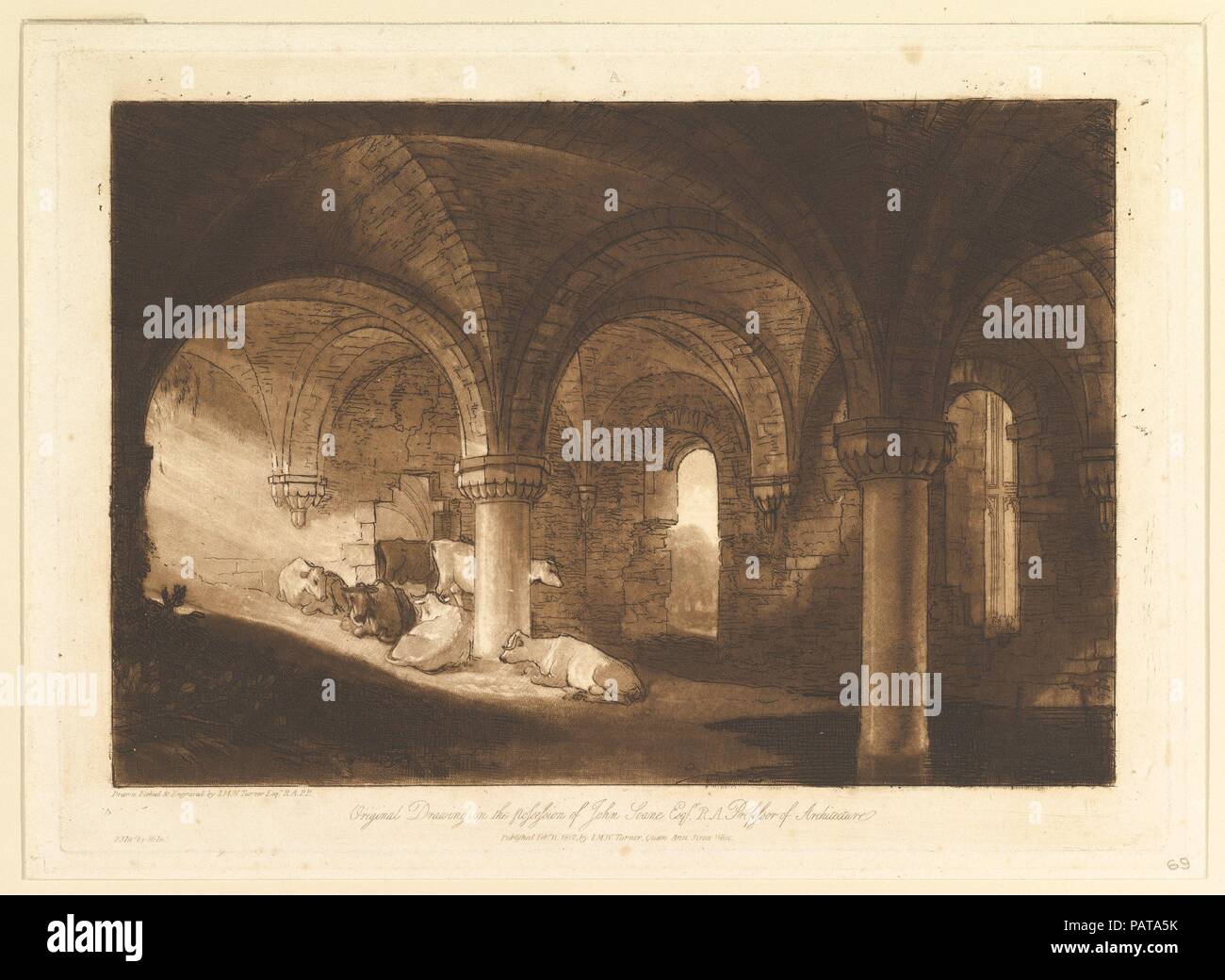 Crypt of Kirkstall Abbey (Liber Studiorum, part VIII, plate 39). Artist and publisher: Joseph Mallord William Turner (British, London 1775-1851 London). Dimensions: plate: 8 1/4 x 11 1/2 in. (21 x 29.1 cm). Date: February 11, 1812.  Turner distilled his ideas about landscape In 'Liber Studiorum' (Latin for Book of Studies), a series of seventy prints plus a frontispiece published between 1807 and 1819. To establish the compositions, he made brown watercolor drawings, then etched outlines onto copper plates. This is one of the few instances where he also developed the layers of tone, using aqua Stock Photo