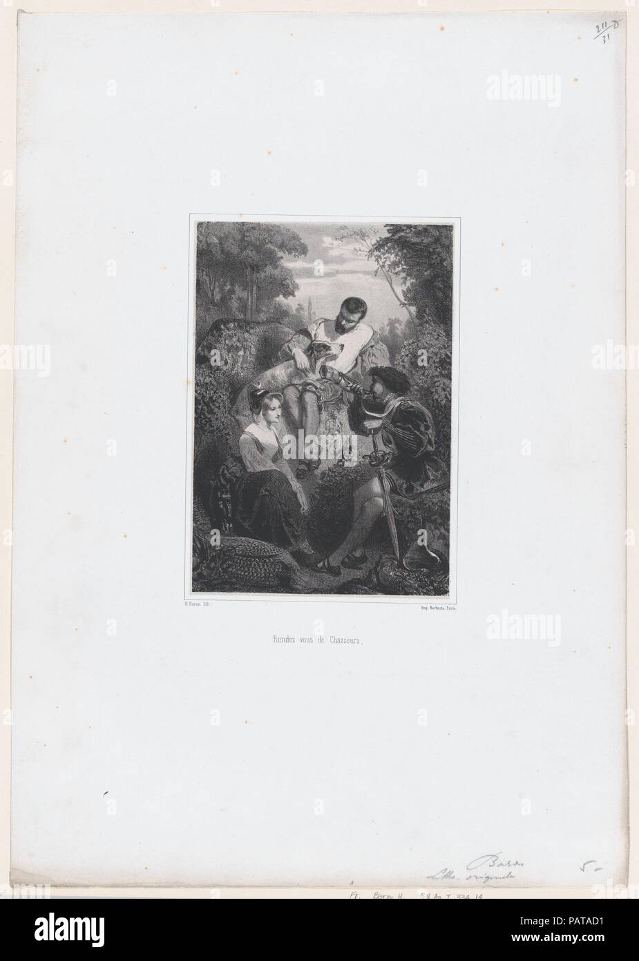 Meeting of the Hunters. Artist: Henri-Charles-Antoine Baron (French, Besançon 1816-1885 Geneva). Dimensions: Sheet: 17 9/16 × 12 3/8 in. (44.6 × 31.5 cm)  Image: 7 9/16 × 5 3/16 in. (19.2 × 13.2 cm). Printer: Bertauts. Date: 1849-63. Museum: Metropolitan Museum of Art, New York, USA. Stock Photo