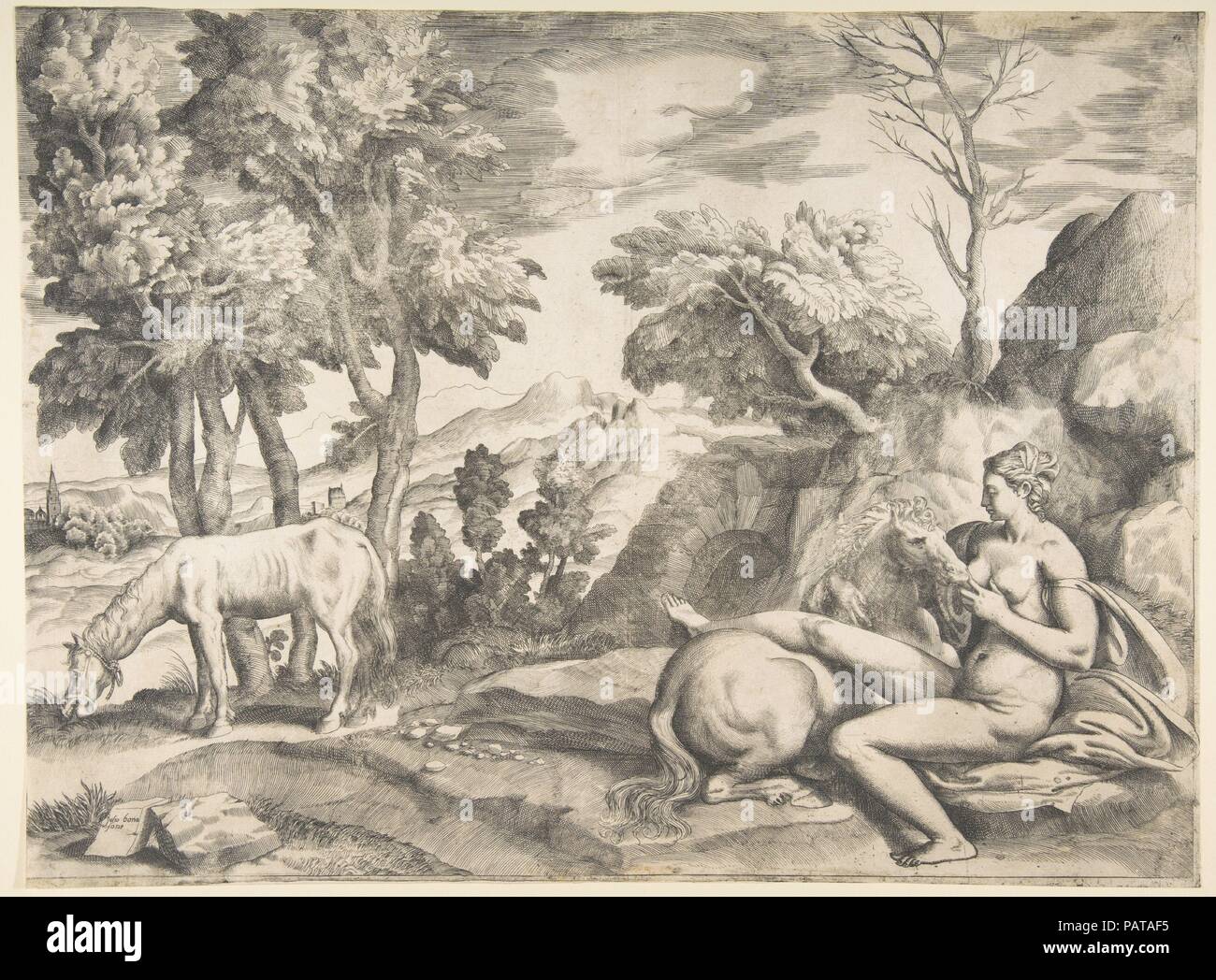 Joris doodt de draak Holy George kills the dragon. A woman fleeing in panic  for the dragon. In the background, a landscape with ruins of Roman  gebouwen. Manufacturer : printmaker Cornelis Cort (