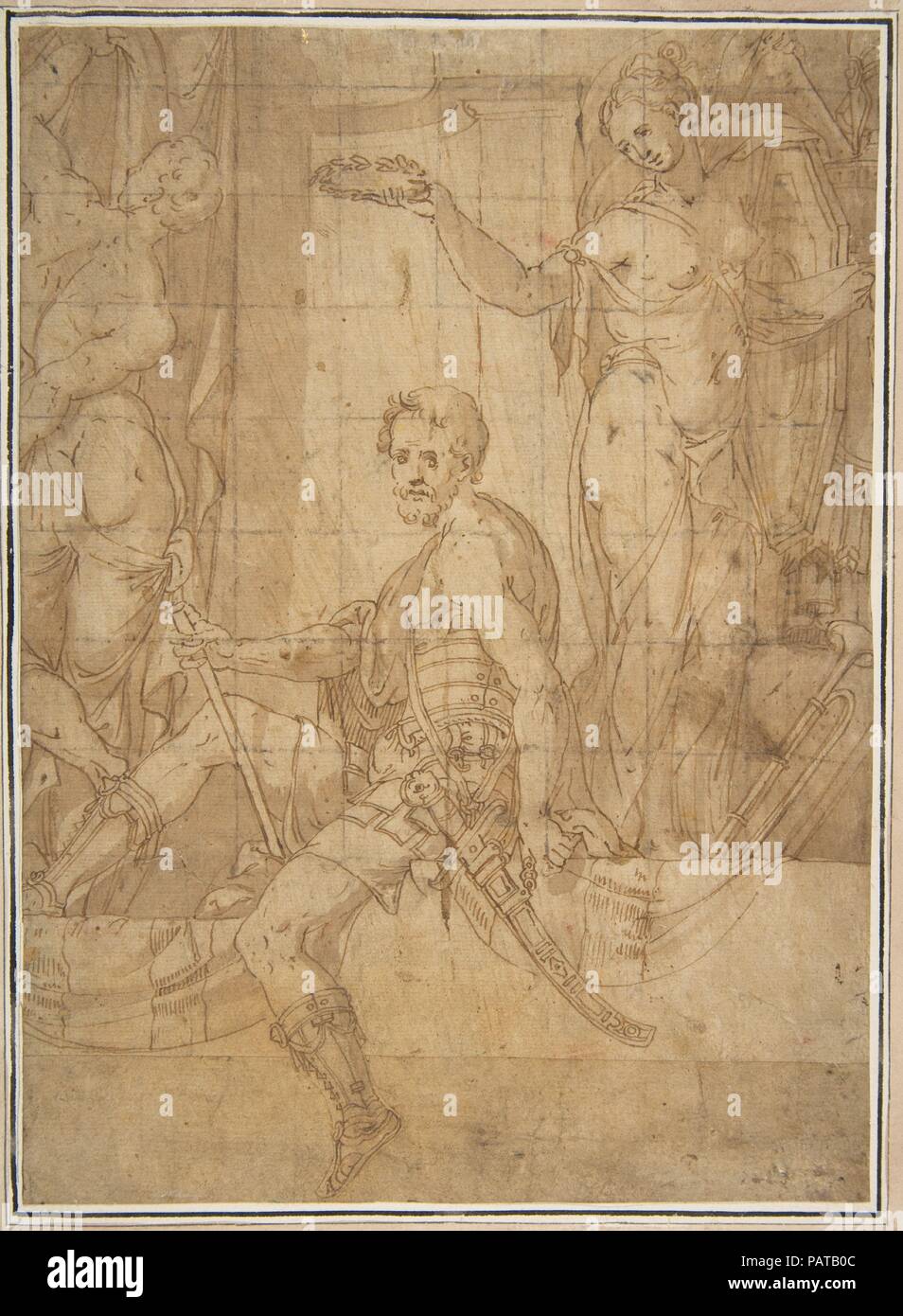 Seated Warrior Between Two Figures. Artist: Giambattista Zelotti (Italian, Verona 1526-1578 Mantua) (?). Dimensions: 9 9/16 x 6 7/8 in. (24.3 x 17.5 cm). Date: 1526-78. Museum: Metropolitan Museum of Art, New York, USA. Stock Photo
