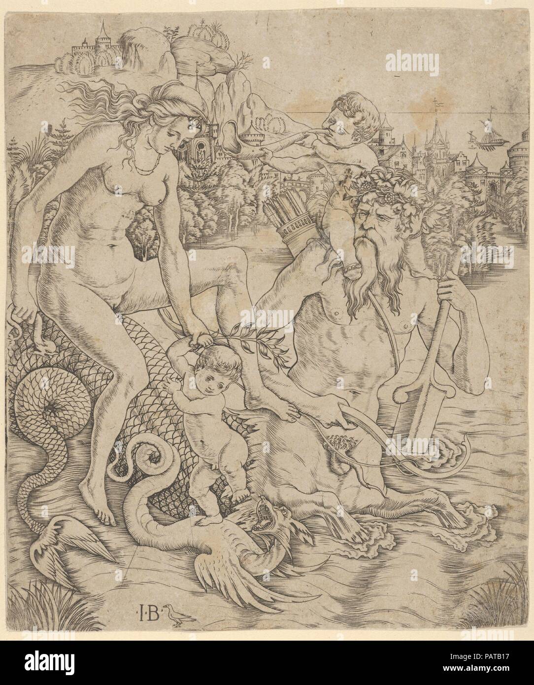A triton family in the sea, with a mother and child seated on the back of a half-man, half-sea monster with a child blowing on a conch shell on his shoulders. Artist: Giovanni Battista Palumba (Italian, active ca. 1500-1520). Dimensions: Sheet (Trimmed): 7 7/16 × 6 5/16 in. (18.9 × 16 cm). Date: 1500-1510. Museum: Metropolitan Museum of Art, New York, USA. Stock Photo