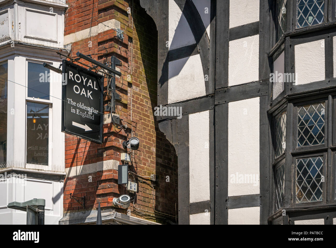 Sign for Royal Oak in Winchester which claims to be 'The oldest Bar in England' , Hampshire, next to God Begot House. Stock Photo