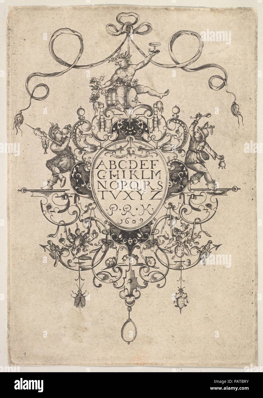 Design for a Pendant with the Alphabet. Artist: Master P.R.K (Dutch, ca. 1609-1617). Dimensions: Plate: 5 5/16 x 3 11/16 in. (13.5 x 9.4 cm)  Sheet: 5 7/16 x 3 13/16 in. (13.8 x 9.7 cm). Date: 1609.  Design for a pendant in fine goldsmiths work. The pendant is hanging from a ribbon and has an oval central compartment in which the alphabet has been placed. The letters J, V and W are missing. Below it is the signature of the Master PRK combined with the date of publishing. Surrounding the compartment are four small enameled fields and fine openwork made up out of Schweifwerk. Three figures are a Stock Photo