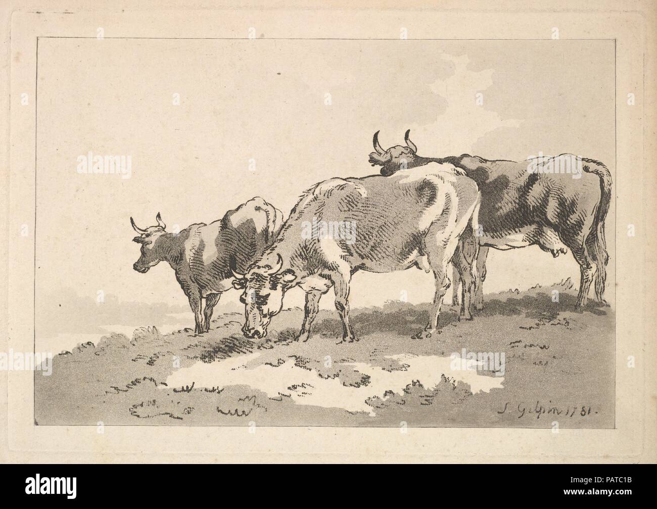 Three Cows Standing on the Ridge of a Field. Artist: After Sawrey Gilpin (British, near Carlisle 1733-1807 Scaleby, Cumbria). Dimensions: Plate: 7 5/8 x 11 in. (19.4 x 28 cm)  Sheet: 18 1/2 x 12 3/8 in. (47 x 31.5 cm). Etcher: Thomas Rowlandson (British, London 1757-1827 London). Published in: London. Series/Portfolio: Imitations of Modern Drawings. Date: 1781. Museum: Metropolitan Museum of Art, New York, USA. Stock Photo