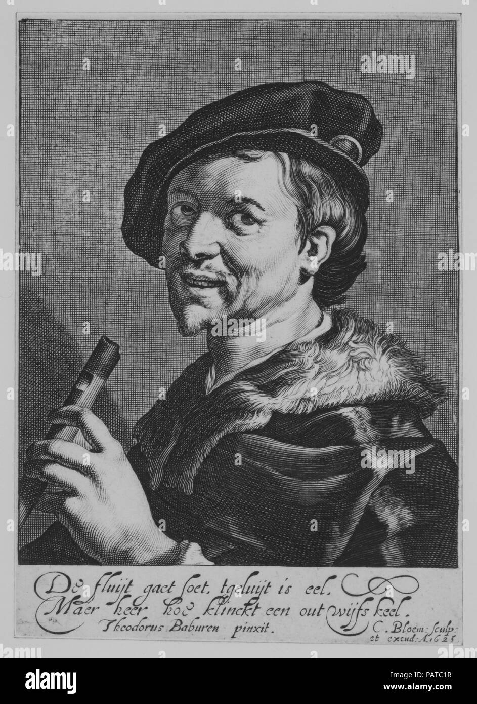 The Man with the Flute. Artist: Cornelis Bloemaert (Dutch, Utrecht 1603-?1684 Rome). Dimensions: image: 5 1/2 x 4 5/16 in. (14 x 10.9 cm)  sheet: 6 3/8 x 4 7/16 in. (16.2 x 11.3 cm). Date: 1625. Museum: Metropolitan Museum of Art, New York, USA. Stock Photo