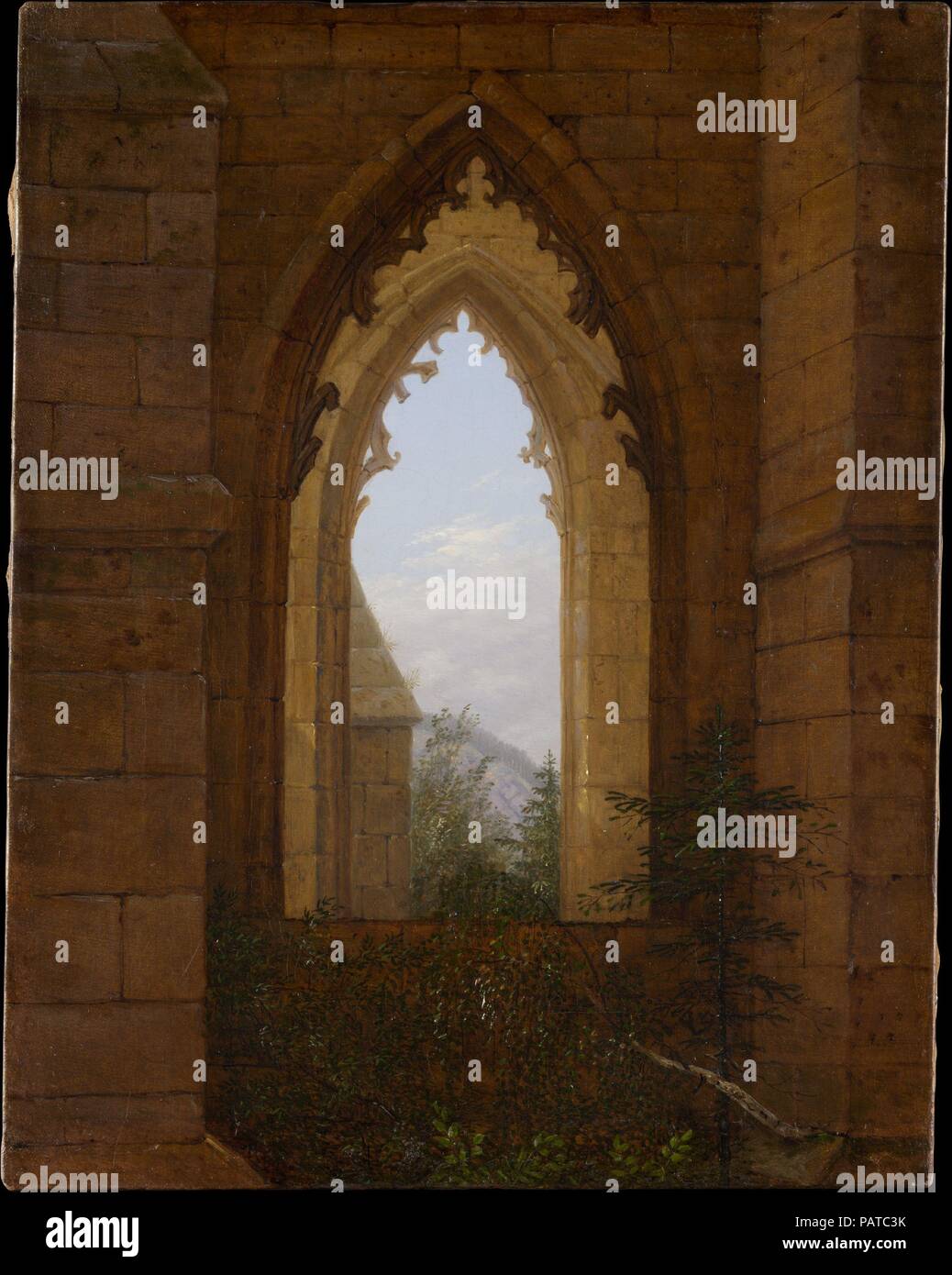 Gothic Windows in the Ruins of the Monastery at Oybin. Artist: Carl Gustav Carus (German, Leipzig 1789-1869 Dresden). Dimensions: 17 x 13 1/4 in. (43.2 x 33.7 cm)  Frame: 21 3/4 x 17 7/8 x 2 1/4 in. (55.2 x 45.4 x 5.7 cm). Date: ca. 1828.  This church, with its fine Gothic tracery, was founded in 1369, deserted in 1546, and later embraced as a motif by German Romantic artists. Carus visited in August 1820, making a drawing (Staatliche Kunstsammlungen Dresden) that served as a study for the painting. It depicts a vista through two windows--one on either side of the ruined choir--toward a pale m Stock Photo