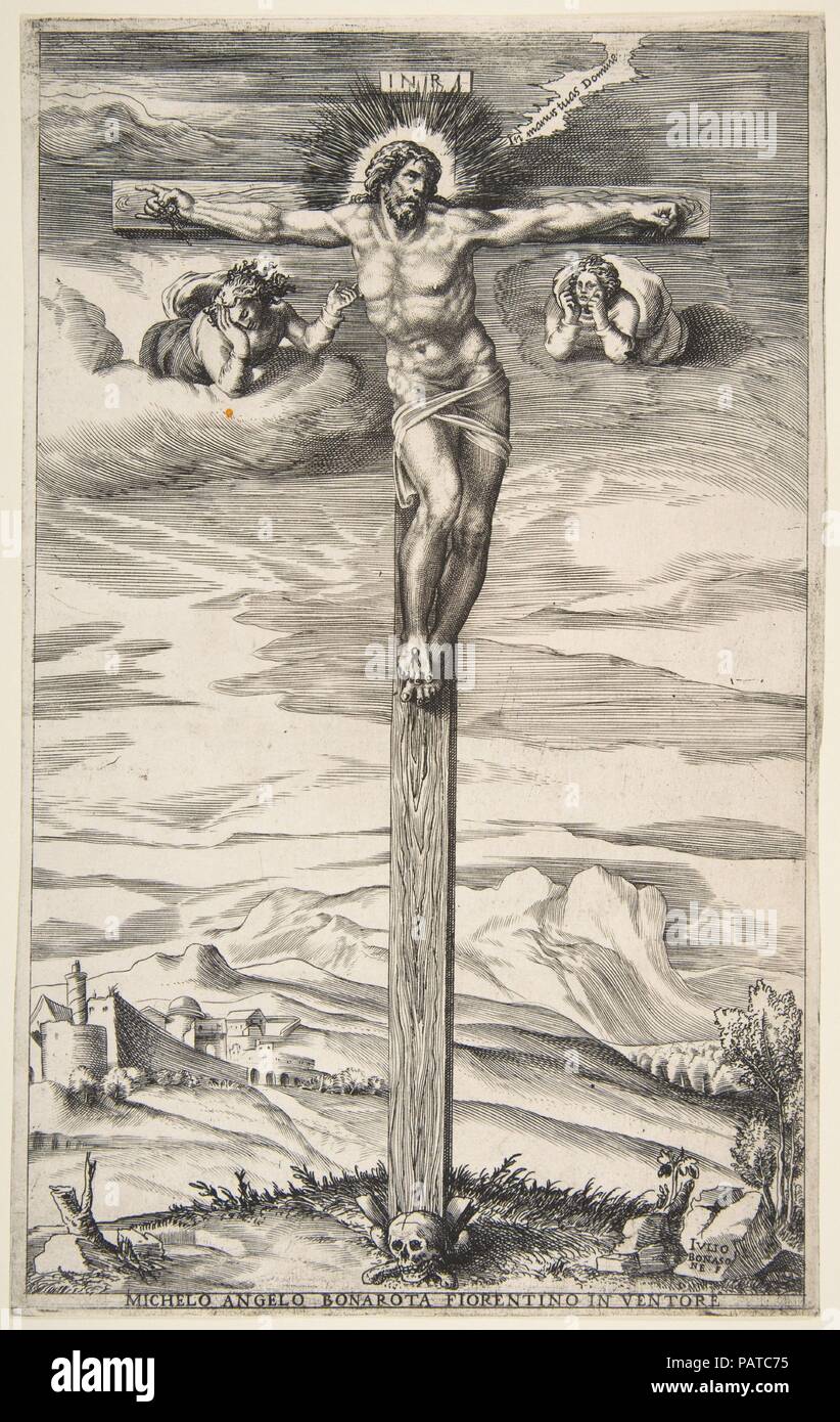 Crucifixion with Two Angels. Artist: After Michelangelo Buonarroti (Italian, Caprese 1475-1564 Rome); Giulio Bonasone (Italian, active Rome and Bologna, 1531-after 1576). Dimensions: sheet: 12 1/16 x 7 11/16 in. (30.6 x 19.6 cm). Date: ca. 1540. Museum: Metropolitan Museum of Art, New York, USA. Stock Photo