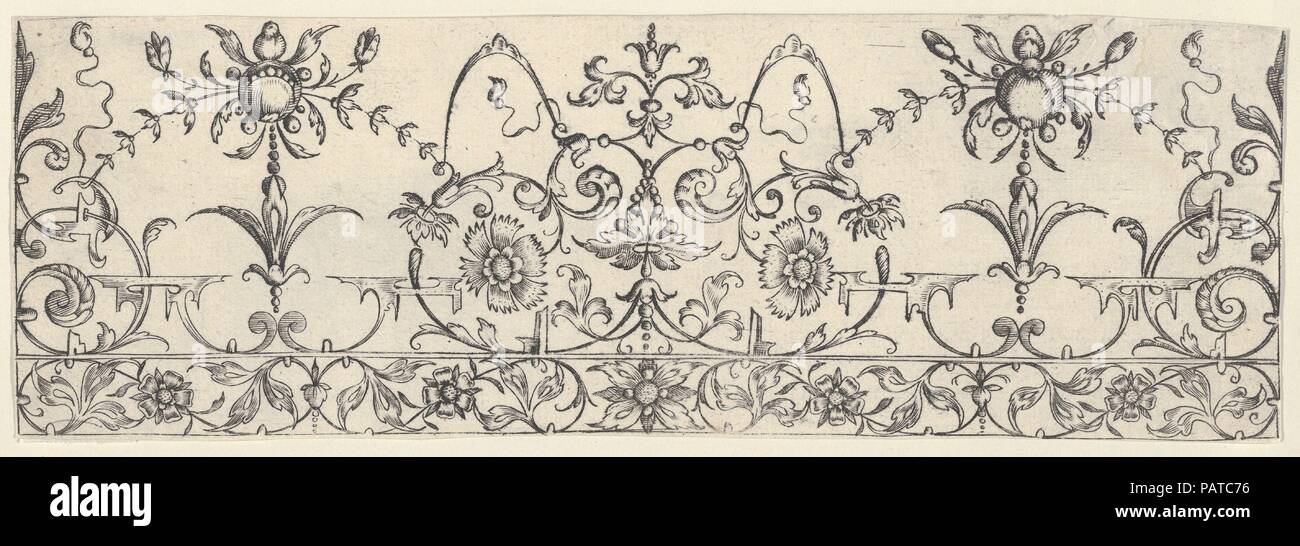 Friezes with Birds, Flowers and Meandering Wreaths and Scrolls (9). Artist: Theodor Bang (German, active in Nuremberg (fl.1606)). Dimensions: Sheet: 2 15/16 x 8 11/16 in. (7.4 x 22 cm). Publisher: Balthasar Caymox (German, Bersse (?) 1561-1635 Nuremberg). Date: ca. 1600-1617.  Frieze made up out of two horizontal borders. The lower border is four times as wide as the upper border which is decorated with a pattern of meandering vegetal rinceaux and flowers. The lower border has rinceaux and strapwork hanging from the upper edge with a large central motif in the middle. On either side, a hanging Stock Photo