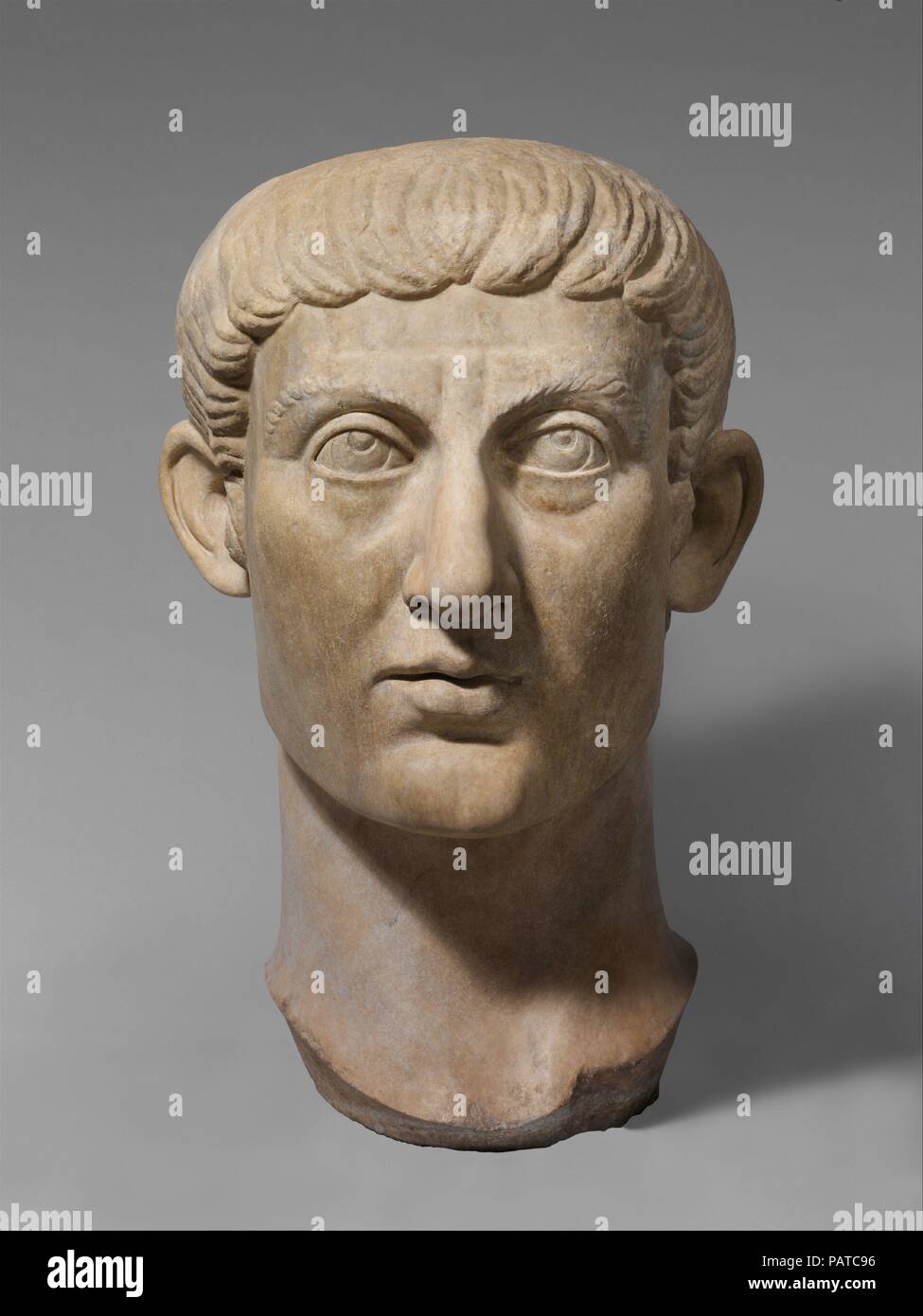 Marble portrait head of the Emperor Constantine I. Culture: Roman. Dimensions: 37 1/2 × 23 × 26 1/2 in., 1100 lb. (95.3 × 58.4 × 67.3 cm, 499 kg). Date: ca. A.D. 325-370.  Constantine the Great was the first Christian emperor of Rome, and his reign had a profound effect on the subsequent development of the Roman, later Byzantine, world. By 325 he had succeeded in reunifying the empire, having defeated the last of his former tetrarchic colleagues, the eastern emperor Licinius. He thereafter aimed to establish a new dynasty and to found a new capital, named Constantinople after himself. Christia Stock Photo