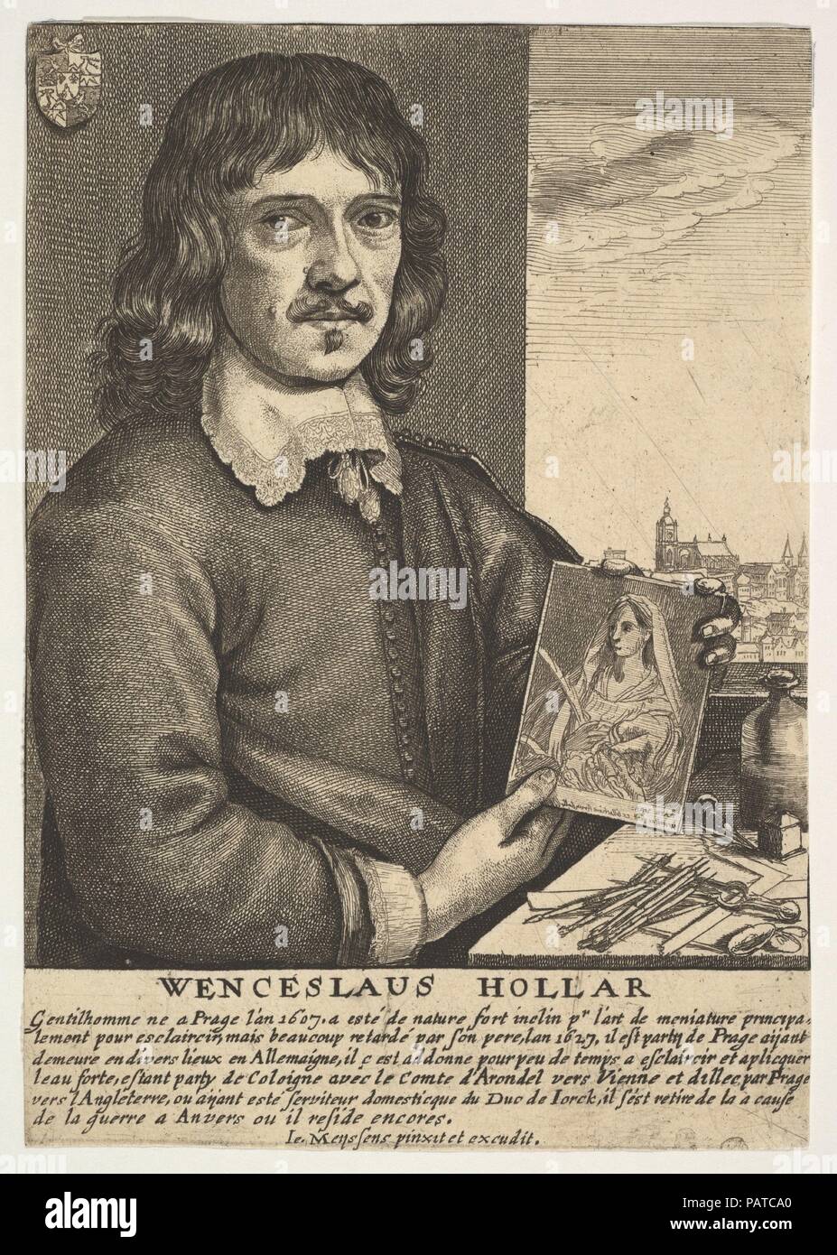 Self-Portrait. Dimensions: Sheet: 6 1/4 × 4 5/16 in. (15.8 × 11 cm). Etcher: Wenceslaus Hollar (Bohemian, Prague 1607-1677 London). Publisher: Johannes Meyssens (Flemish, Brussels 1612-1670 Antwerp). Series/Portfolio: Image de divers hommes (1649). Date: 17th century.  Portrait of Wenceslaus Hollar, half-length almost facing front, wearing doublet buttoned down the front and open over left shoulder; holding copper-plate of his St Catherine, standing next to table covered with etching tools in front of open window on right with church and roofs seen in distance on r, coat of arms on l; after Jo Stock Photo
