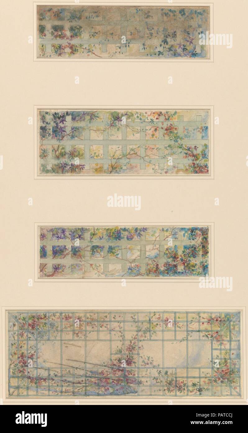 Four designs for glass ceiling panels. Artist: Louis Comfort Tiffany (American, New York 1848-1933 New York). Culture: American. Dimensions: Overall (A): 17 5/8 x 7 5/8 in. (44.8 x 19.4 cm)  Other (Design): 14 1/8 x 5 3/16 in. (35.9 x 13.2 cm)  Overall (B): 15 1/4 x 12 5/8 in. (38.7 x 32.1 cm)  Other (Left Design): 10 1/4 x 3 in. (26 x 7.6 cm)  Other (Right Design): 10 1/4 x 3 3/16 in. (26 x 8.1 cm)  Overall (C): 14 1/2 x 5 1/4 in. (36.8 x 13.3 cm)  Other (Design): 10 1/4 x 3 in. (26 x 7.6 cm). Maker: Possibly Tiffany Glass and Decorating Company (American, 1892-1902); Possibly Tiffany Studios Stock Photo
