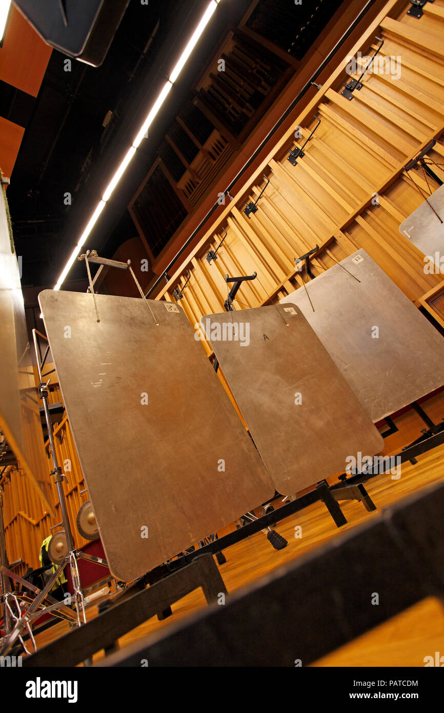 Bell plates hanging on stands. Aluminium pitched percussion instrument