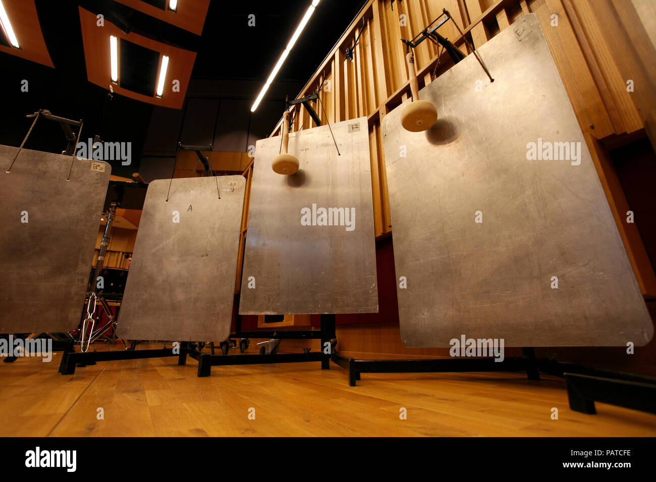 Bell plates hanging on stands. Aluminium pitched percussion instrument Stock Photo