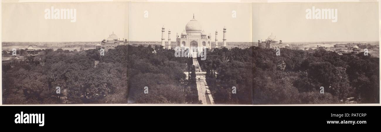 [The Taj Mahal from the Gateway]. Artist: John Murray (British, Blackhouse, Aberdeenshire, Scotland 1809-1898 Sheringham, Norfolk county, England). Dimensions: Image: 35 x 127 cm (13 3/4 x 50 in.) overall. Date: January-March 1864.  Of all the photographs Murray made of the Taj, the most impressive are his triptych panoramas, taken from the roof of the entrance gate and looking down and across the formal gardens to the mausoleum beyond. Perched high above the heavily wooded gardens, the pale building appears almost translucent in the early morning sunlight. So often described as a tribute to f Stock Photo