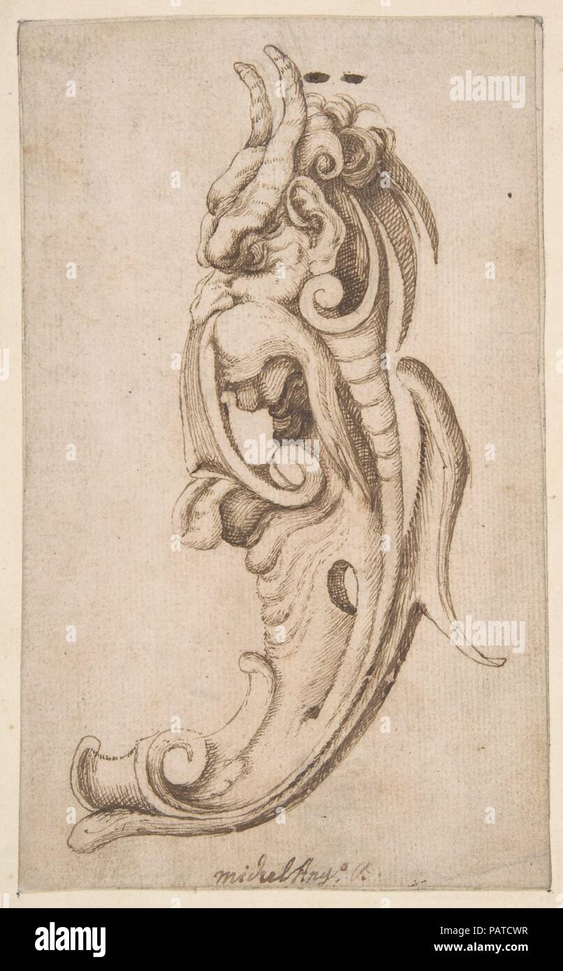 Cartouche in the Form of a Horned Monster's Head in Near Profile View. Artist: Attributed to Michelangelo Colonna (Italian, Ravenna/Como 1604-1687 Bologna). Dimensions: sheet: 6 3/4 x 4 1/8 in. (17.1 x 10.5 cm). Date: 1604-87. Museum: Metropolitan Museum of Art, New York, USA. Stock Photo