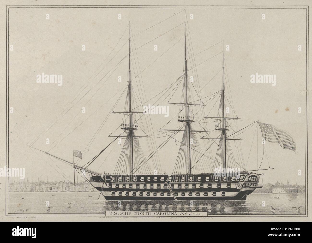 U. S. Ship North Carolina, 102 Guns. Dimensions: Image: 9 1/8 x 13 1/8 in. (23.2 x 33.3 cm)  Sheet: 11 15/16 x 15 1/2 in. (30.3 x 39.4 cm). Publisher: Lithographed and published by Nathaniel Currier (American, Roxbury, Massachusetts 1813-1888 New York). Date: 1843.  Proof. A marine print. A three-masted ship faces left with an American flag flying off the stern. The New York City skyline is visible behind the ship; Castle Garden at right. Unlike many Currier prints, this lithograph has not been hand-colored. Museum: Metropolitan Museum of Art, New York, USA. Stock Photo