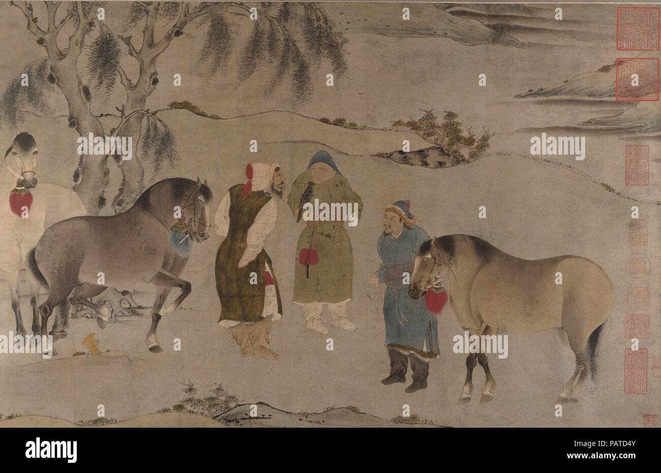 Six Horses. Artist: Unidentified Artists Chinese, 13th c. (1st half scroll); 14th c. (2nd half). Culture: China. Dimensions: Image: 18 3/16 x 66 1/4 in. (46.2 x 168.3 cm)  Overall with mounting: 18 9/16 x 254 3/4 in. (47.1 x 647.1 cm). Date: 13th-14th century.  The disparities in paper, pigment, and style between the two halves of this painting make it clear that they are by different hands and from different periods. In the first half of the painting, the horses and figures are well drawn and there is a rough vigor in the depiction of the landscape and trees. The shading of the land forms and Stock Photo