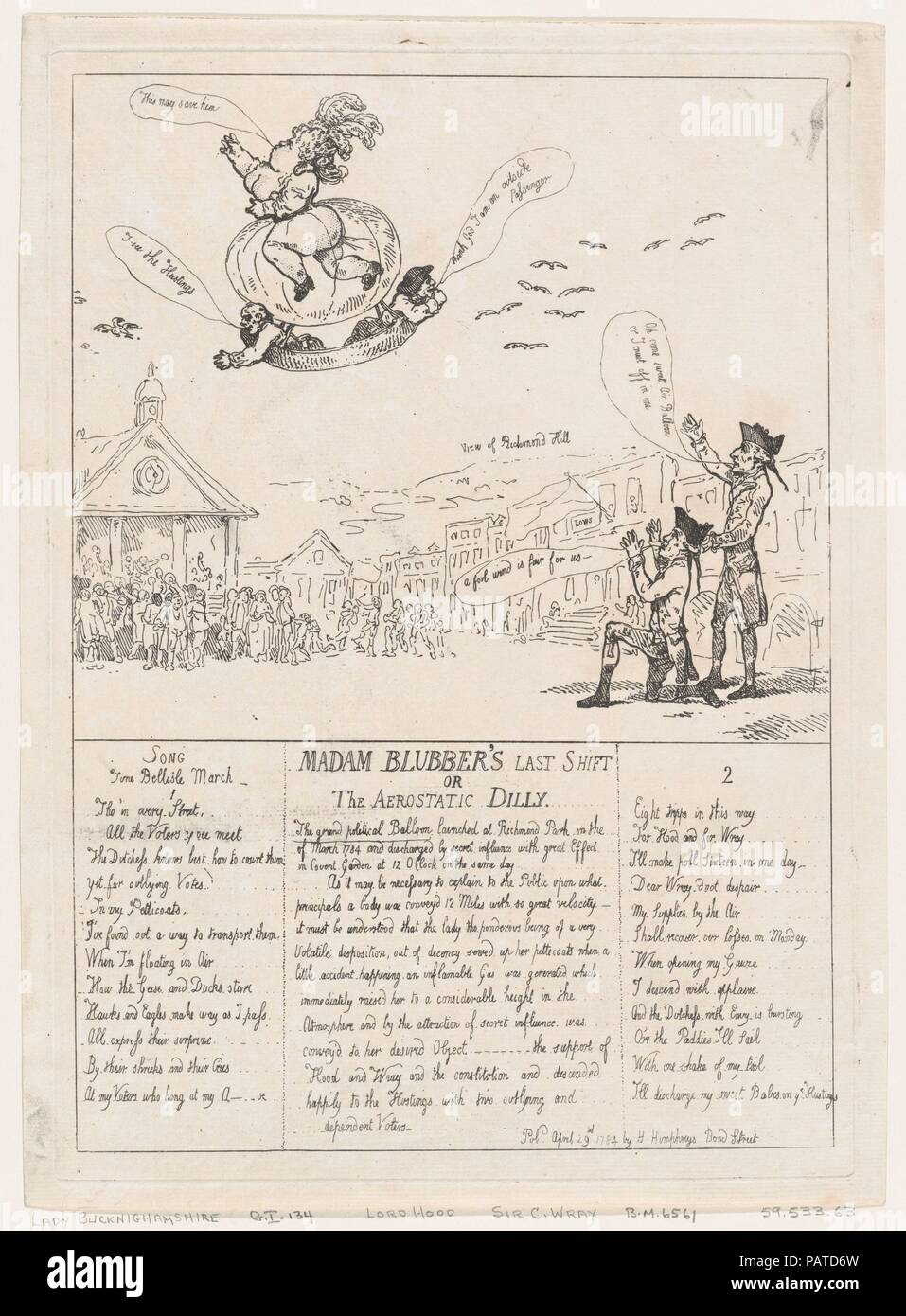 Madam Blubber's Last Shift or The Aerostatic Dilly. Artist: Thomas Rowlandson (British, London 1757-1827 London). Dimensions: Sheet: 14 7/16 × 10 9/16 in. (36.7 × 26.8 cm)  Plate: 13 3/4 × 9 3/4 in. (34.9 × 24.8 cm). Published in: London. Publisher: Hannah Humphrey (London). Subject: Sir Cecil Wray (British, Yorkshire 1734-1805 Lincolnshire); Samuel Hood, 1st Viscount Hood (British, 1724-1816); Lady Albinia Hobart, Countess of Buckinghamshire (British, 1737/38-1816). Date: April 29, 1784. Museum: Metropolitan Museum of Art, New York, USA. Stock Photo