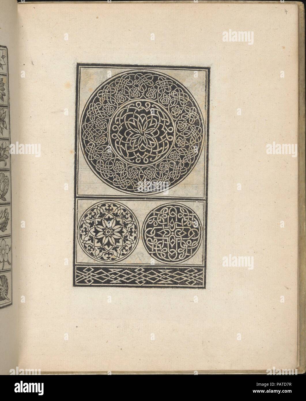 Trionfo Di Virtu. Libro Novo..., page 4 (recto). Dimensions: Overall: 9 13/16 x 7 7/8 in. (25 x 20 cm). Publisher: Matteo Pagano (Italian, 1515-1588) , Venice. Date: 1563.  Published by Matteo Pagano, Italian, 1515-1588, Venice.  From top to bottom, and left to right:  Design composed of 3 horizontal registers. Top register is decorated with a circle that consists of 2 levels of different interlace patterns. Middle register is decorated with 2 circles: left circle is ornamented with a flower that is surrounded by foliage and right circle is ornamented with an interlace pattern. Bottom register Stock Photo