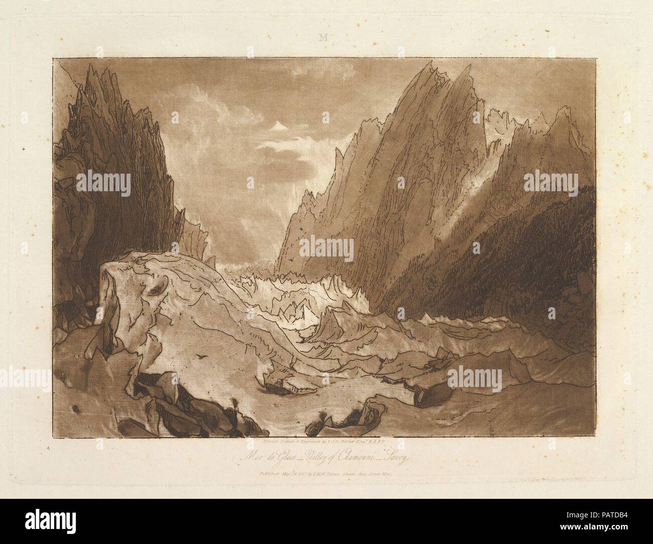 Mêr de Glace, Valley of Chamouni-Savoy (Liber Studiorum, part X, plate 50). Artist and publisher: Joseph Mallord William Turner (British, London 1775-1851 London). Dimensions: plate: 7 x 10 in. (17.8 x 25.4 cm)  sheet: 8 9/16 x 11 5/8 in. (21.7 x 29.5 cm). Date: May 23, 1812.  Turner distilled his ideas about landscape In 'Liber Studiorum' (Latin for Book of Studies), a series of seventy prints plus a frontispiece published between 1807 and 1819. To establish the compositions, he made brown watercolor drawings, then etched outlines onto copper plates. This is one of the few instances where Tur Stock Photo