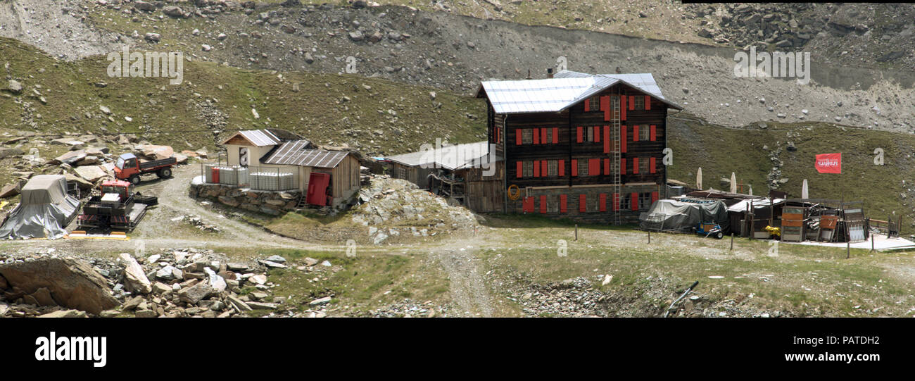 Bergrestaurant Fluhalp in the Alps of Valais, above Zermatt Stock Photo
