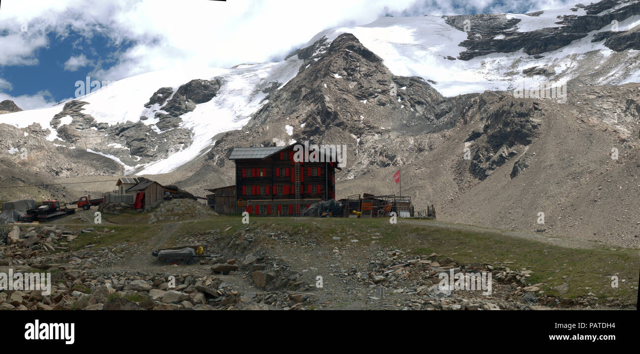 Bergrestaurant Fluhalp in the Alps of Valais, above Zermatt Stock Photo