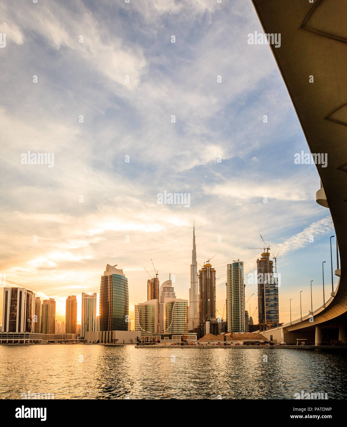 Scenic view of skyline of Dubai's downtown at sunset Stock Photo
