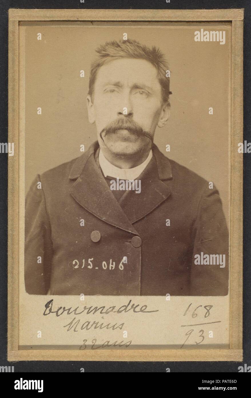 Tournadre. Jacques (ou Eugène). 32 ans, né à Marchal (Cantal). Journaliste. Anarchiste. 3/3/94. Artist: Alphonse Bertillon (French, 1853-1914). Dimensions: 10.5 x 7 x 0.5 cm (4 1/8 x 2 3/4 x 3/16 in.) each. Date: 1894.  Born into a distinguished family of scientists and statisticians, Bertillon began his career as a clerk in the Identification Bureau of the Paris Prefecture of Police in 1879. Tasked with maintaining reliable police records of offenders, he developed the first modern system of criminal identification. The system, which became known as Bertillonage, had three components: anthrop Stock Photo