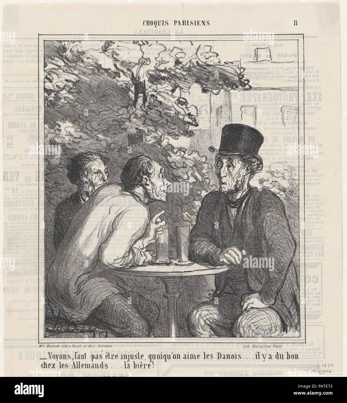 We shouldn't be unfair..., from 'Parisian sketches,' published in Le Charivari, May 12, 1864. Artist: Honoré Daumier (French, Marseilles 1808-1879 Valmondois). Dimensions: Image: 9 3/8 × 8 1/8 in. (23.8 × 20.6 cm)  Sheet: 11 3/4 × 10 3/4 in. (29.8 × 27.3 cm). Printer: Destouches (Paris). Publisher: Aaron Martinet (French, 1762-1841). Series/Portfolio: 'Parisian sketches' (Croquis Parisiens). Date: May 12, 1864.  We shouldn't be unfair. One may like the Danes... but let's not forget that the Germans also have something good... their beer!. Museum: Metropolitan Museum of Art, New York, USA. Stock Photo