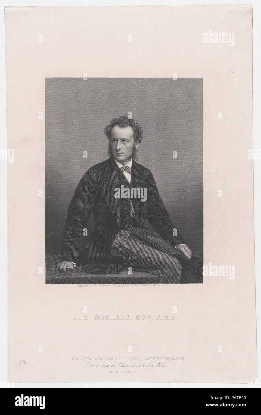 John Everett Millais, Esq., A.R.A. Dimensions: Sheet: 15 9/16 × 10 5/16 in. (39.5 × 26.2 cm). Engraver: Daniel John Pound (British, active 1850-60). Photographer: After John and Charles Watkins (British, active 1867-71). Series/Portfolio: The Drawing Room Portrait Gallery of Eminent Personages. Sitter: Sir John Everett Millais (British, Southampton 1829-1896 London). Date: 1859.  Based on a photograph, this engraving shows the artist at thirty. A child prodigy, Millais had entered the Royal Academy Schools at eleven, then in 1848 helped launch the Pre-Raphaelite Brotherhood and found himself a Stock Photo