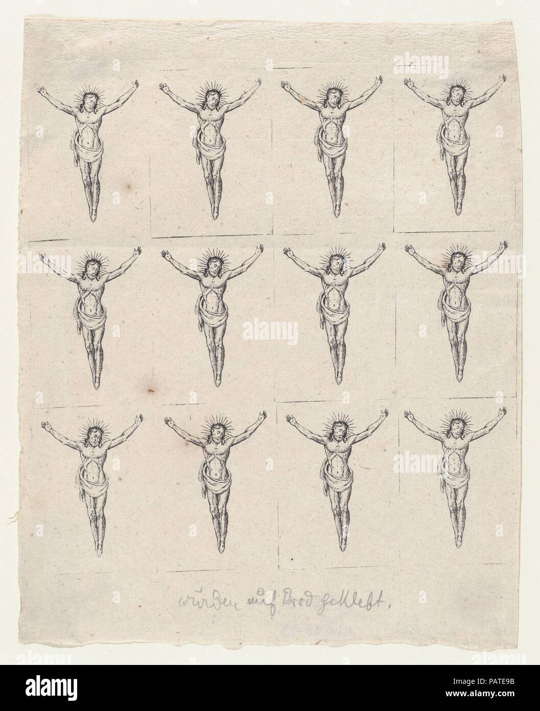 Sheet of Twelve Crucified Christs. Artist: Anonymous, German, 19th century. Dimensions: Sheet: 8 11/16 × 6 7/8 in. (22 × 17.5 cm). Date: 19th century.  This sheet of crucified Christs was meant to be cut into individual pieces and attached to wafers and swallowed for sickness. Museum: Metropolitan Museum of Art, New York, USA. Stock Photo