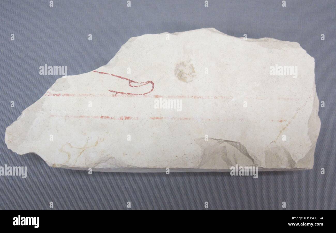 Preliminary drawing for a relief. Dimensions: H. 7.2 × W. 15.7 × D 3.4 cm (2 13/16 × 6 3/16 × 1 5/16 in.). Dynasty: Dynasty 11-18. Date: ca. 2124-1504 B.C..  Blocks of fine limestone were used to line the walls of the tomb chapel and provide a surface for the decoration. Visible on this fragment is part of a line drawing meant as the basis for a  relief carving that was never completed. Museum: Metropolitan Museum of Art, New York, USA. Stock Photo