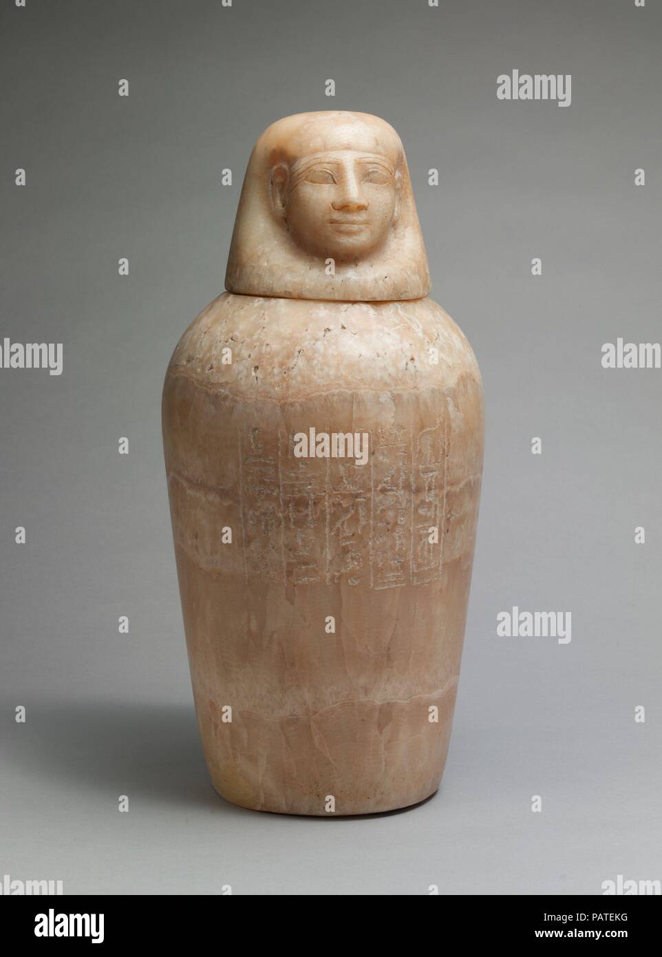 Canopic Jar of Minmose. Dimensions: H. 42 cm (16 9/16 in.). Dynasty: probably mid-Dynasty 18. Date: ca. 1450-1400 B.C..  The owner of this canopic jar was Minmose, a troop captain whose name and title appear in the left hand column of the inscription. The rest of the text invokes the goddess Nephthys and the god Imsety, asking their protection for the contents of the jar. Nephthys was one of the four goddesses who protected the dead, and Imsety was one of the 'four sons of Horus' who protected the four internal organs that were removed from the body during mummification.  Imsety was usually li Stock Photo
