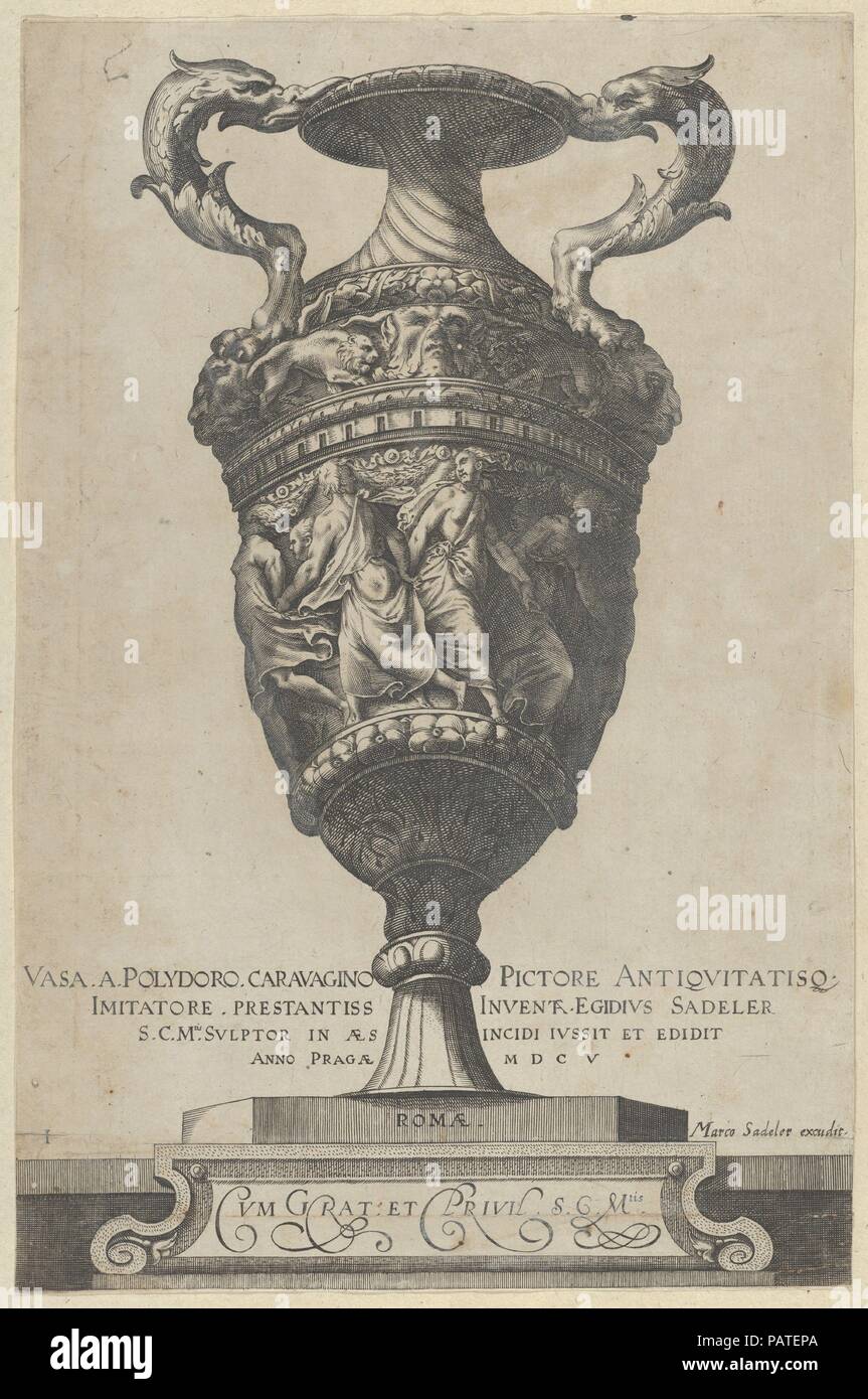 Title page depicting a two-handled base with dancing nymphs, from Antique Vases (Vasa a Polidoro Caravagino). Artist: After Polidoro da Caravaggio (Italian, Caravaggio ca. 1499-ca. 1543 Messina); Aegidius Sadeler II (Netherlandish, Antwerp 1568-1629 Prague); After Cherubino Alberti (Zaccaria Mattia) (Italian, Borgo Sansepolcro 1553-1615 Rome). Dimensions: Sheet: 10 11/16 × 7 1/16 in. (27.2 × 17.9 cm). Publisher: Marcus Sadeler (German, Munich before 1614-in or after 1650). Series/Portfolio: Antique Vases. Date: 1605.  These vases are reverse copies of Alberti's series of 1582. Museum: Metropol Stock Photo