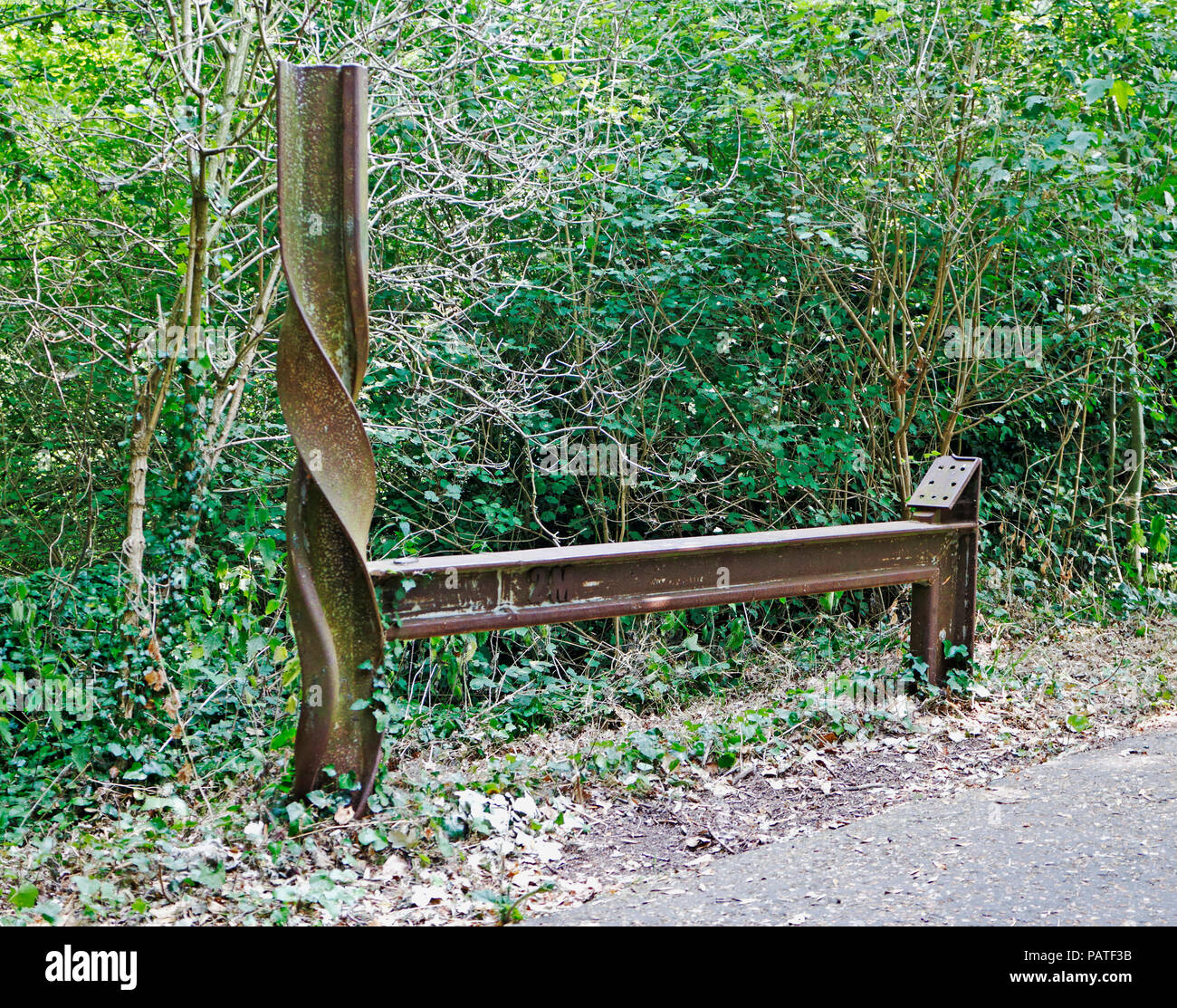 A mile marker sculpture of the Marriotts Way long distance path at Hellesdon, Norfolk, England, United Kingdom, Europe. Stock Photo