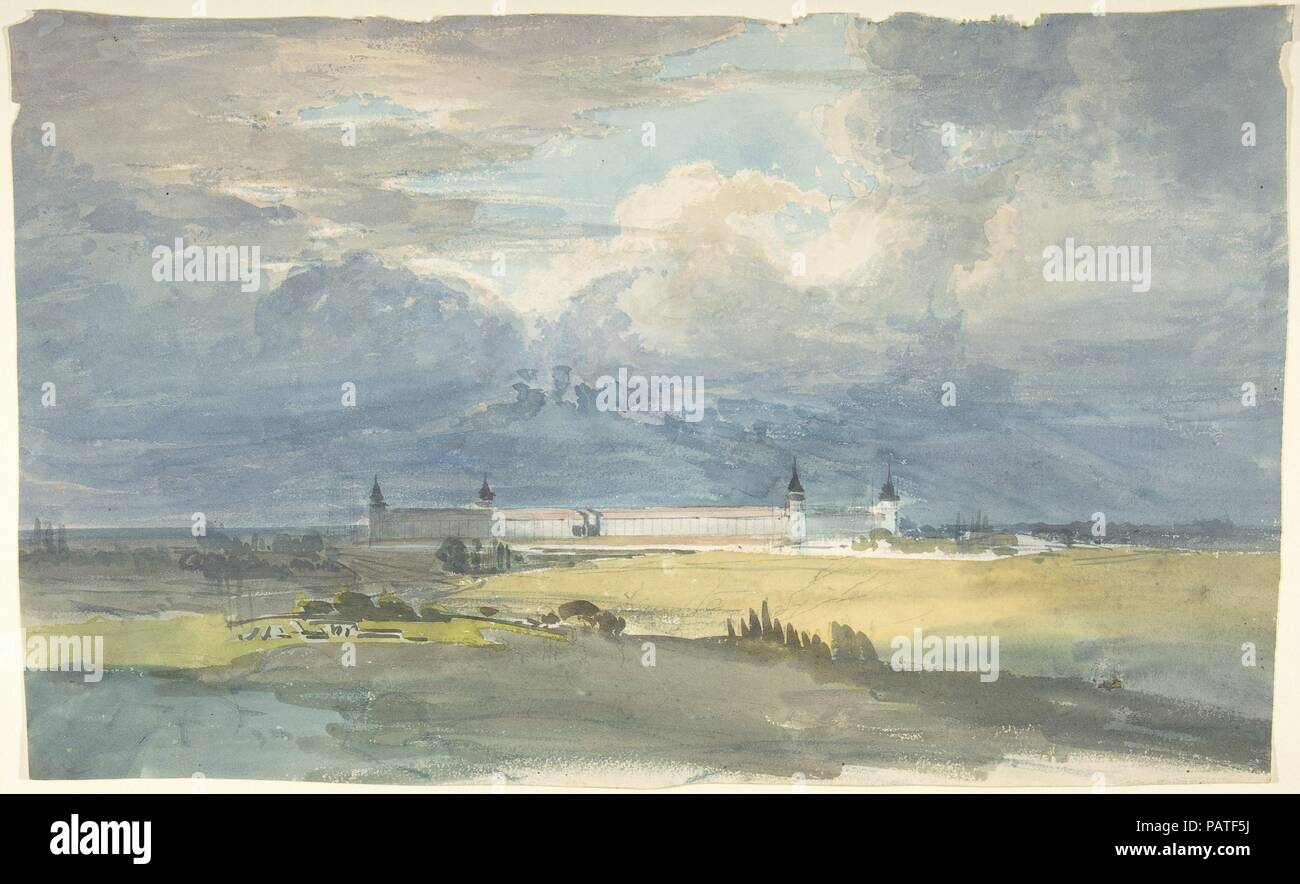 Landscape with a Large Building. Artist: Franz von Hauslab the Younger (Austrian, Vienna 1798-1883). Dimensions: 9 5/8 x 15 3/4 in.  (24.4 x 40 cm). Date: 1818-83.  Von Hauslab is a little known figure in the history of art. As private tutor to the future Emperor Franz Joseph I, a high-ranking military officer, and innovative cartographer, he traveled widely. The loose and expressive treatment of the landscape and sky in his watercolor contrast with the minute precision of another drawing of the same unidentified building in the collection (53.600.3637). Museum: Metropolitan Museum of Art, New Stock Photo