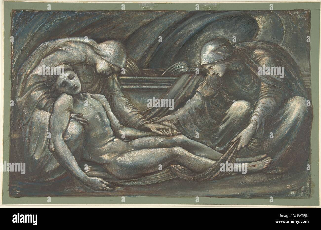 The Entombment. Artist: Sir Edward Burne-Jones (British, Birmingham 1833-1898 Fulham). Dimensions: 12 x 18-3/4 in.  (30.5 x 47.6 cm). Date: 1879.  Burne-Jones conveys deep emotion in this design for George Howard, 9th Earl of Carlisle. When the earl's father died in 1879, he planned a monument to his parents, Mary and Charles Wentworth Howard, at Lanercost Priory, Cumbria. A bronze Nativity plaque commemorated his mother, who died in 1834 after giving birth to her son, and an Entombment honored his father. For the latter, a confined space filled with curving forms encloses the mourners and exp Stock Photo