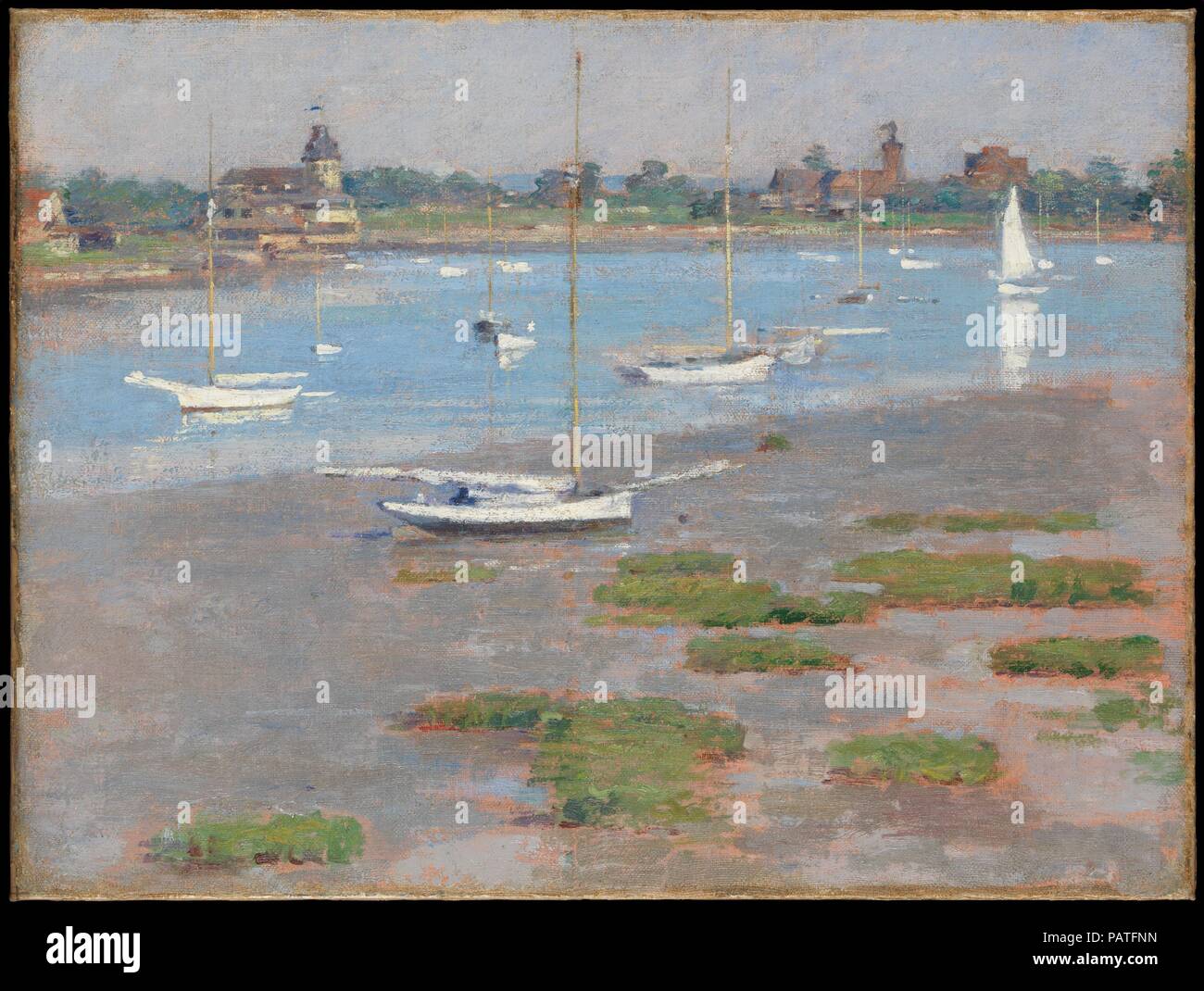 Low Tide, Riverside Yacht Club. Artist: Theodore Robinson (1852-1896). Dimensions: 18 x 24 in. (45.7 x 61 cm). Date: 1894.  This work is one of a series of coastal scenes painted by Theodore Robinson at Cos Cob, Connecticut, a popular American artists' colony. It reveals how the painter synthesized the earlier influence of Claude Monet with a newfound interest in Japanese prints. As Robinson observed after acquiring his first print in 1894, 'My Japanese print points in a direction I must try and take: an aim for refinement and a kind of precision seen in the best old as well as modern work.'.  Stock Photo