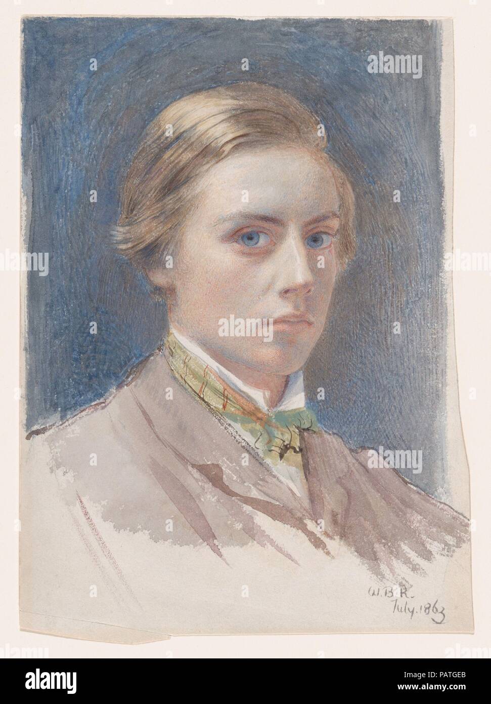 Self-portrait, aged 21. Artist: Sir William Blake Richmond (British, London 1842-1921 London). Dimensions: Sheet: 9 × 6 in. (22.9 × 15.2 cm). Date: 1863.  The subject of this intense image was named for William Blake, a poet-painter revered by his artist-father George Richmond. With Samuel Palmer as a godfather, and drawing lessons from John Ruskin before he entered the Royal Academy Schools in 1858, the youth's career path must have seemed preordained. He based the self-portrait in part on a miniature that his father had painted at twenty-one to present to his bride (National Portrait Gallery Stock Photo