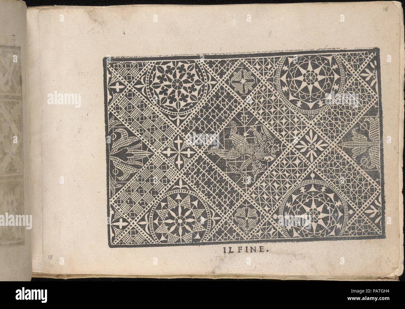 Fiori di Ricami Nuovamente Posti in Luce, page 18 (recto). Designer: Matteo Florimi (Italian, active Siena, ca. 1581-died 1613). Dimensions: Overall: 5 1/2 x 7 7/8 in. (14 x 20 cm). Published in: Venice. Publisher: Francesco de' Franceschi (Italian, active 16th century) , Venice. Date: 1591.  Designed by Matteo Florimi, Italian, active Siena, ca. 1581-died 1613, published by Francesco de' Franceschi, Italian, active 16th century, Venice.  From top to bottom, and left to right:  Design decorated with a pattern of ornamented diamonds. The central diamond contains an illustration of a spotted fem Stock Photo