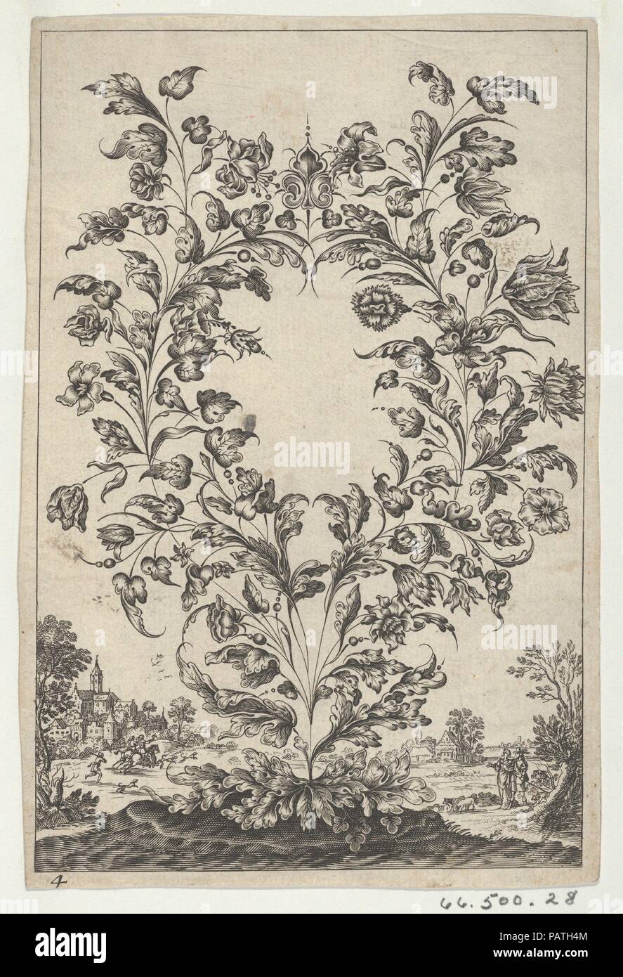 Ornament with Jewelry Design as Decorative Floral Arrangement. Artist: Anonymous, 17th century (in the style of Gédéon Légaré). Dimensions: Sheet: 6 1/4 × 4 1/2 in. (15.9 × 11.5 cm). Date: 17th century.  Decorative floral arrangement in an oval shape growing from the soil at center. At right, a strolling couple with dogs. At left, falconers on horseback in front of a townscape. Museum: Metropolitan Museum of Art, New York, USA. Stock Photo