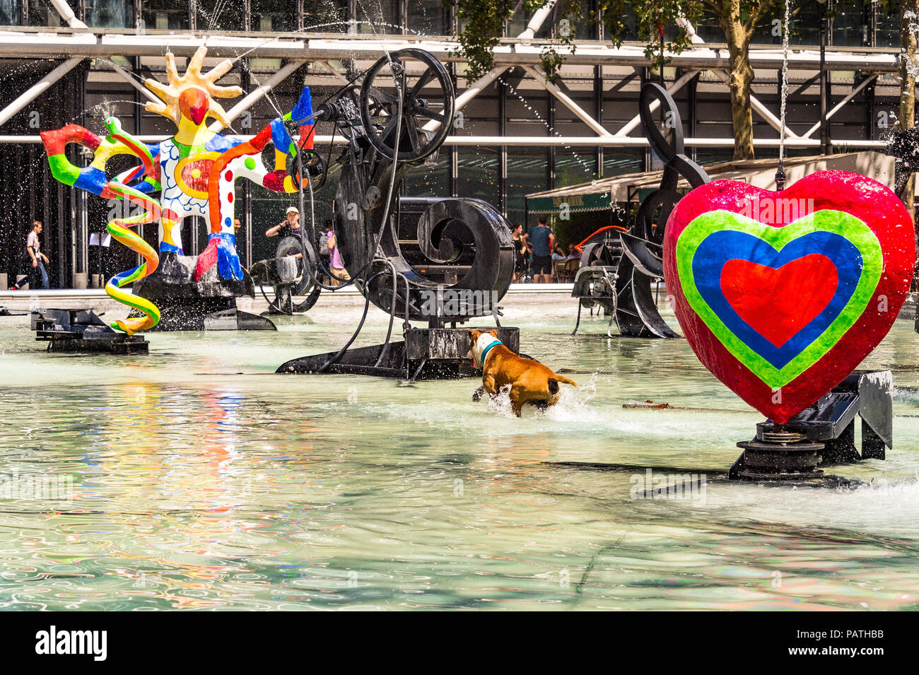 A dog plays in the Stravinsky Fountain, next to the Centre Pompidou