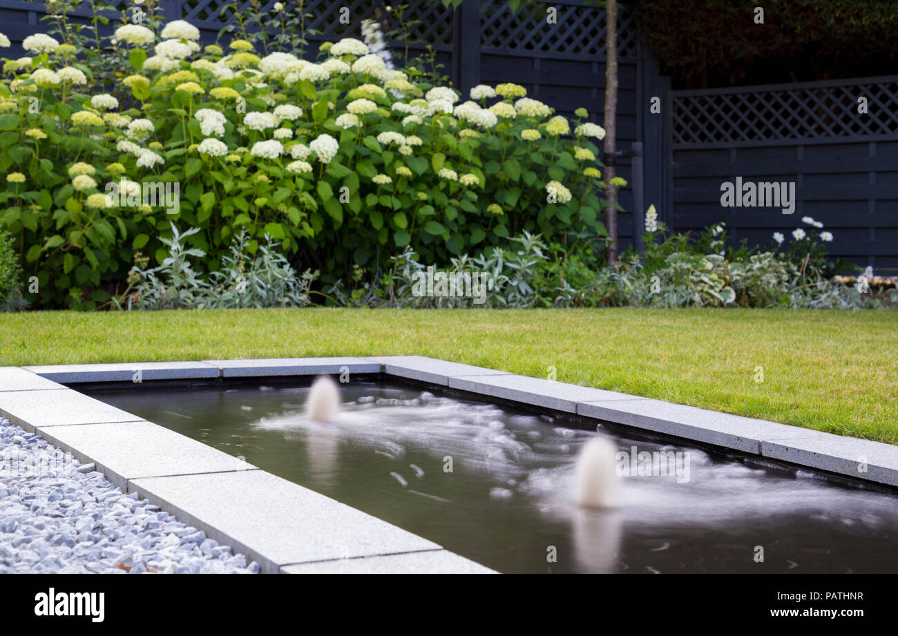 A pool water feature in motion, with view to herbaceous border containing Hydrangea arborescens 'Annabelle' Stock Photo