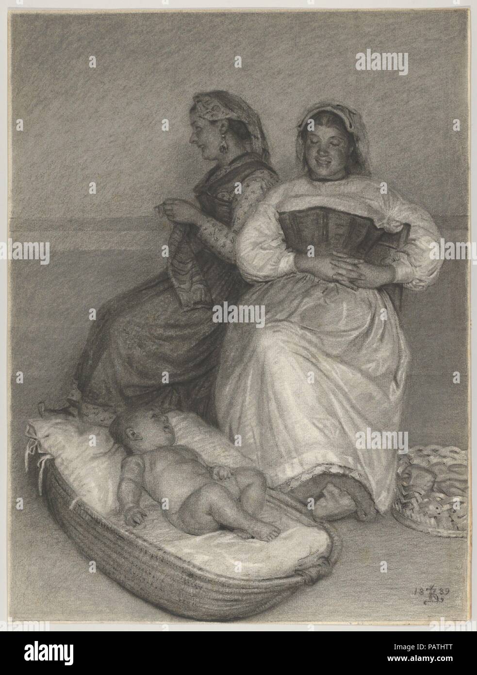 Two Seated Italian Women with a Baby in a Cradle. Artist: Kristian Zahrtmann (Danish, Rønne 1834-1912 Frederiksberg). Dimensions: Sheet: 17 3/8 × 13 1/8 in. (44.2 × 33.4 cm). Date: 1889. Museum: Metropolitan Museum of Art, New York, USA. Stock Photo