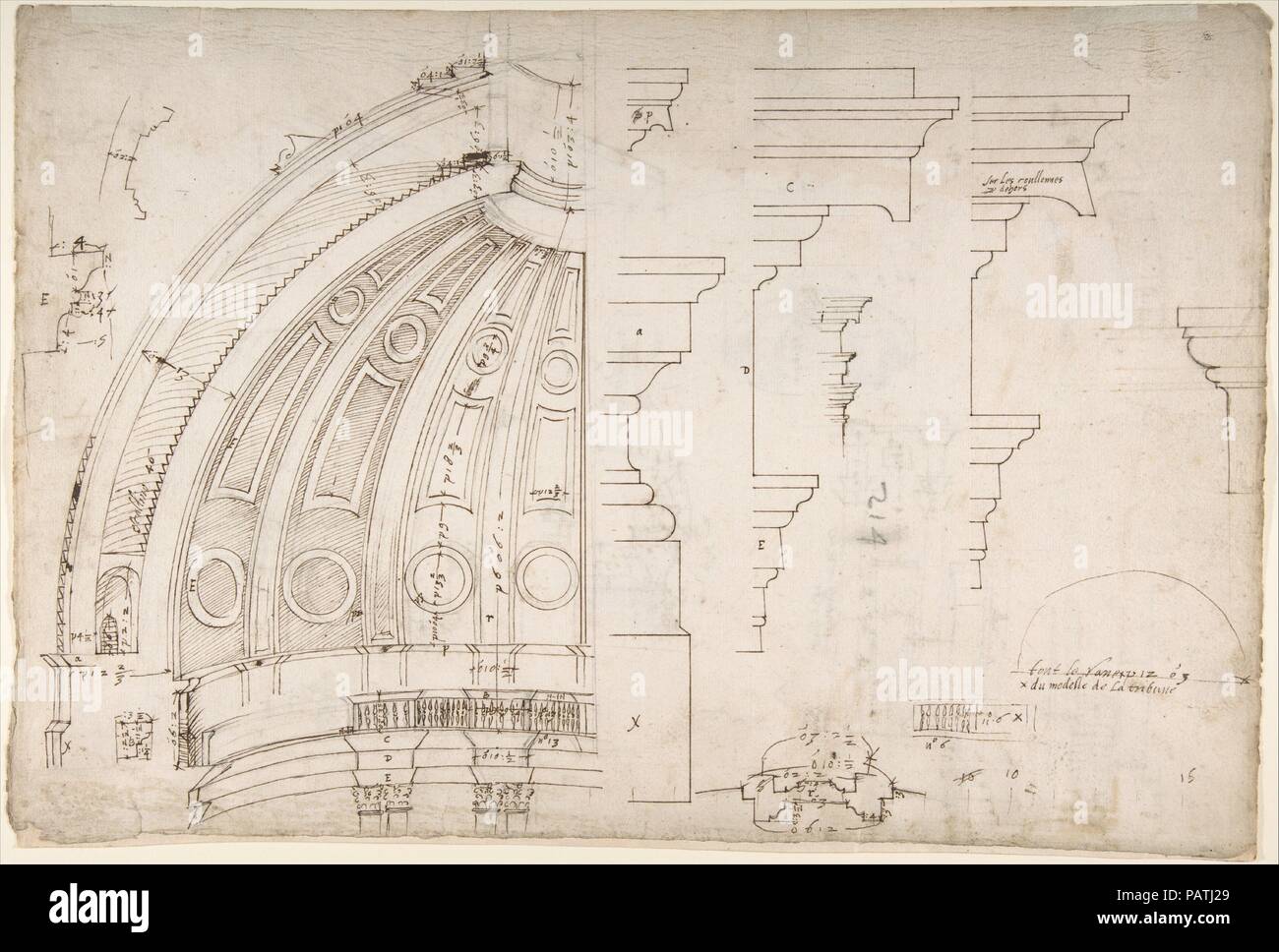 St. Peter's, dome and drum, interior section and elevation, and labeled details (recto); St. Peter's, moulding profiles, details  (verso). Artist: Attributed to Etienne DuPérac (French, ca. 1535-1604). Dimensions: sheet: 11 13/16 x 17 5/16 in. (30 x 44 cm). Date: early to mid-16th century. Museum: Metropolitan Museum of Art, New York, USA. Stock Photo
