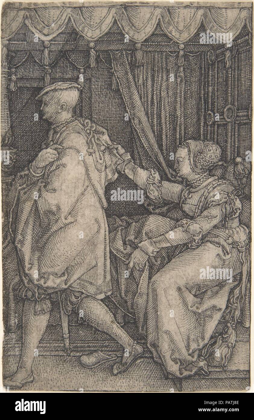 Joseph and Potiphar's Wife. Artist: Heinrich Aldegrever (German, Paderborn ca. 1502-1555/1561 Soest). Dimensions: Overall: 4 5/8 x 3 in. (11.8 x 7.6 cm). Date: 1510-65. Museum: Metropolitan Museum of Art, New York, USA. Stock Photo